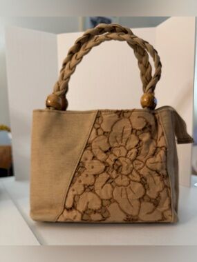 Vintage Tan Canvas Floral Appliqué Embroidered Handbag with Braided Handles New